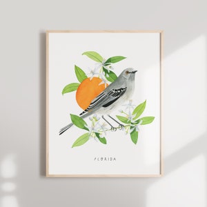 Florida State Bird Art Print | Florida Mockingbird and Orange Blossom - State Flower - State Bird - Florida Wall Art - Watercolor Home Decor