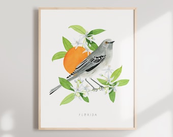 Florida Mockingbird Art Print | Orange Blossom Watercolor Home Decor