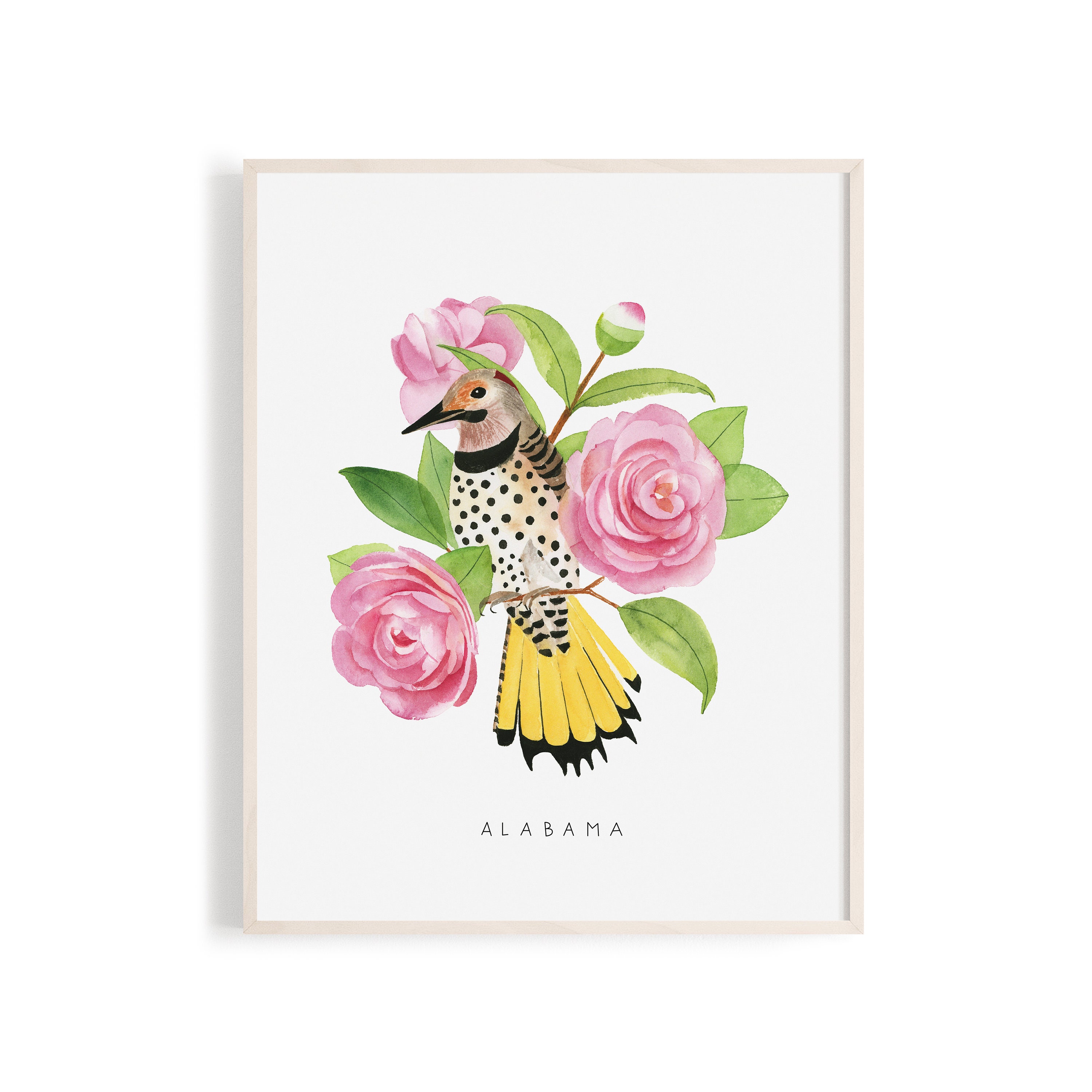 Alabama State Bird Art Print | Yellowhammer & Camellias Watercolor