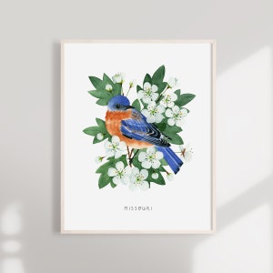 Missouri State Bird Art Print | Missouri Bluebird and Hawthorn - State Flower - State Bird - Missouri Wandkunst - Aquarell Home Decor