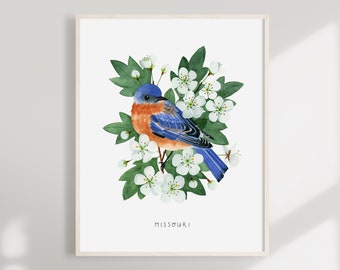 Missouri Bluebird Art Print | Watercolor Hawthorn Flowers