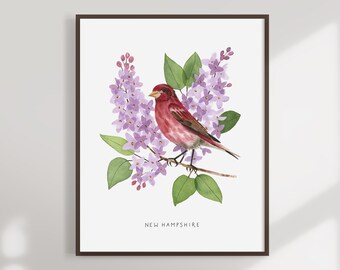 New Hampshire State Bird & Lilac | Red Finch Watercolor Art Print