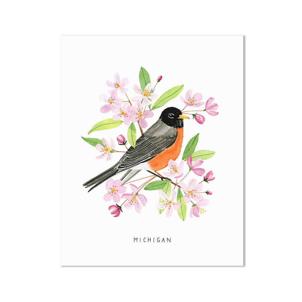 Michigan Robin Art Print | Apple Blossom Watercolor Home Decor - Etsy