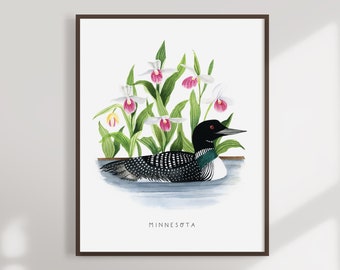 Minnesota State Bird Art Print | Minnesota Loon and Lady Slipper - State Flower - State Bird - Minnesota Wall Art - Watercolor Home Decor