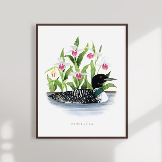 Minnesota Loon Art Print | Lady Slipper, Watercolor Giclée