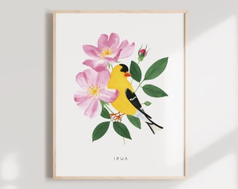Iowa Goldfinch Art Print | Prairie Rose Watercolor Wall Decor