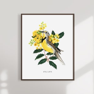 Oregon State Bird Art Print | Oregon Meadowlark and Grape - State Flower - State Bird - Oregon Wall Art - Watercolor Home Decor