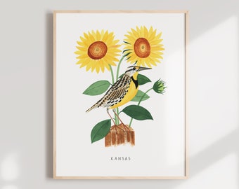 Kansas Meadowlark Sunflower Art Print | Watercolor State Bird