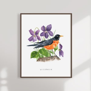 Wisconsin State Bird Art Print | Wisconsin Robin and Voilets - State Flower - State Bird - Wisconsin Watercolor Wall Art