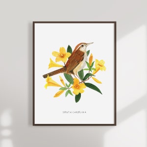 South Carolina State Bird Art Print | South Carolina Wren and Jessamine - State Flower - State Bird - South Carolina Wall Art - Home Decor