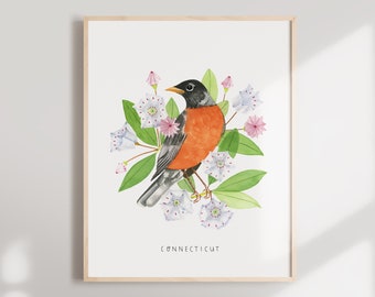 Connecticut State Bird Art Print | Robin and Mountain Laurel Watercolor