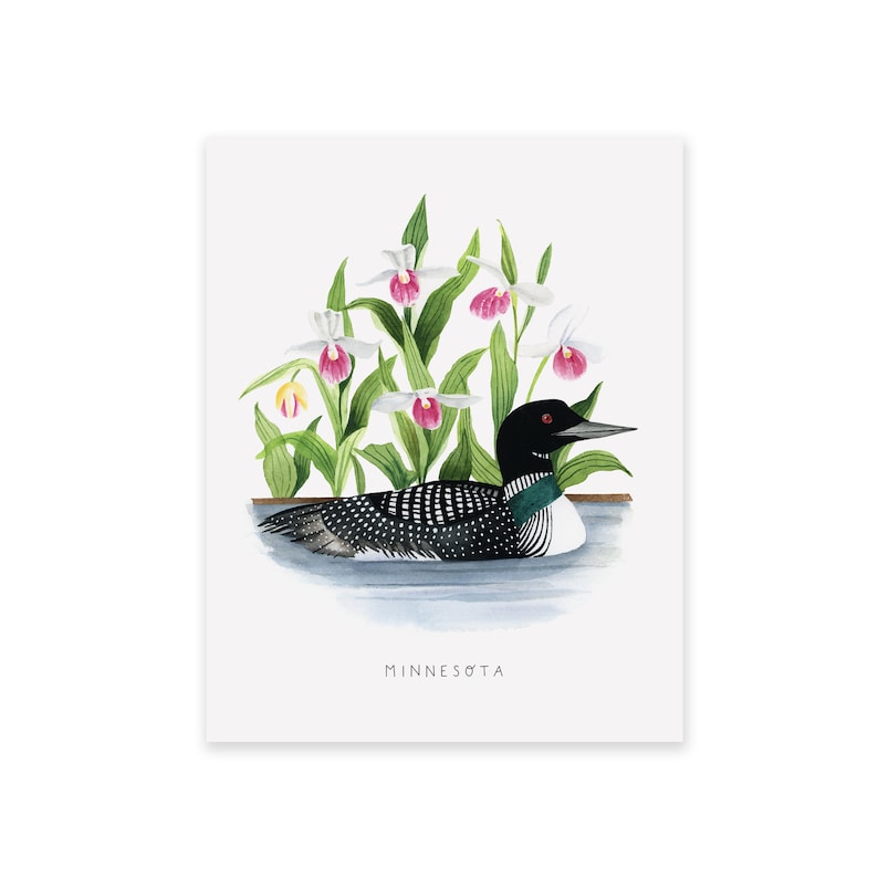 May include: A black and white loon with a green neck band swims in a lake with pink and white lady slipper orchids growing in the water. The text "MINNESOTA" is printed below the loon.