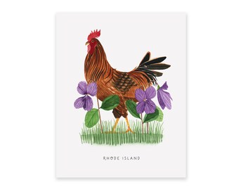 Rhode Island State Bird Art Print Rhode Island Red and Violets
