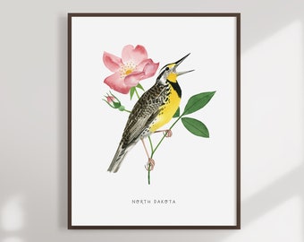 North Dakota State Bird Art Print | North Dakota Prairie Rose - State Flower - State Bird - North Dakota Wall Art - Watercolor Home Decor