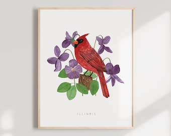 Illinois Cardinal Art Print | Watercolor State Bird & Violet Flower