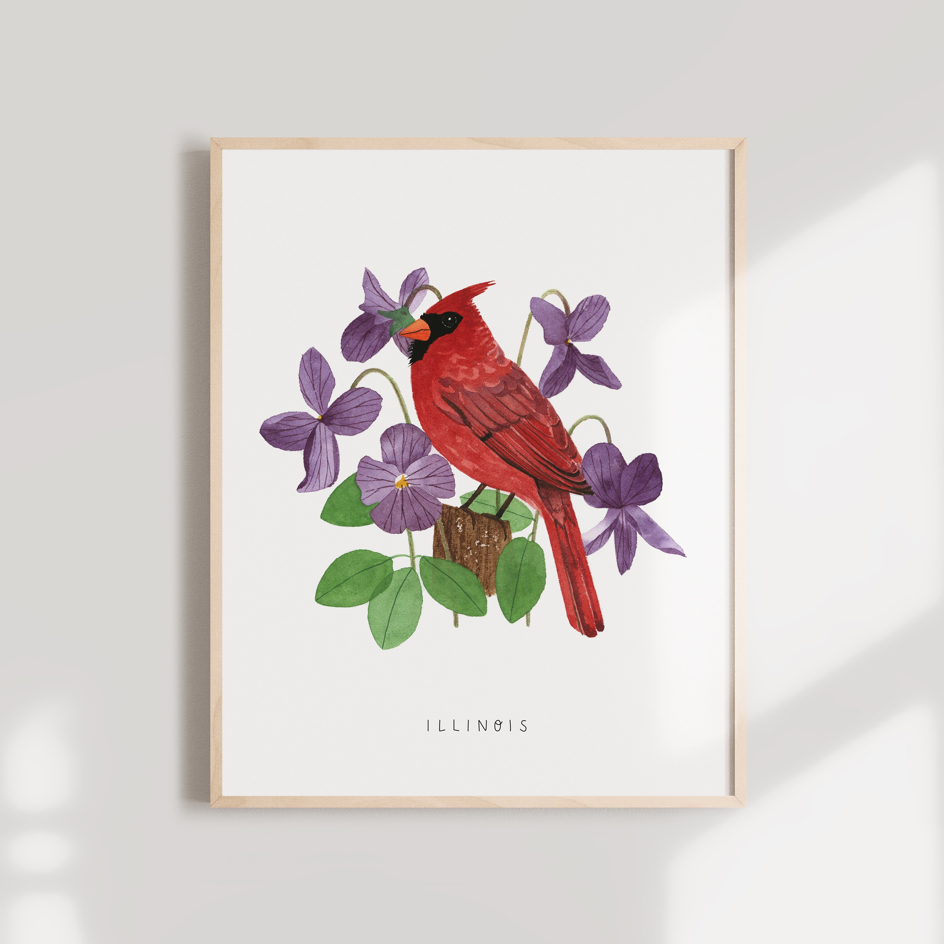 Illinois Cardinal Art Print Watercolor State Bird & Violet Flower