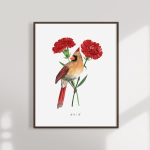 Ohio State Bird Art Print | Ohio Kardinaal en Anjer - State Flower - State Bird - Ohio Wall Art - Aquarel Home Decor
