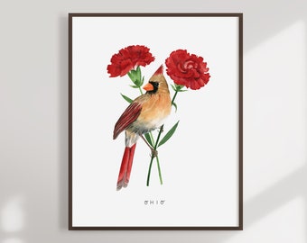 Ohio State Bird Art Print | Ohio Kardinal und Nelk - State Flower - State Bird - Ohio Wandkunst - Aquarell Home Decor