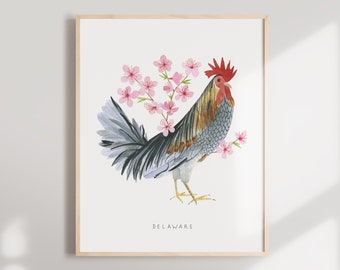 Delaware State Bird Art Print | Blue Hen Chicken & Peach Blossom