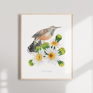 Arizona State Bird Art Print | Arizona Cactus Wren and Saguaro Cactus Blossom - State Flower - State Bird - Arizona Wall Art - Home Decor