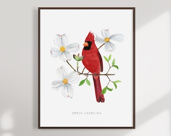 | d’art d’oiseau d’État de Caroline du Nord Cardinal et cornouiller de Caroline du Nord - Fleur d’État - Oiseau d’État - Art mural de Caroline du Nord - Décoration intérieure