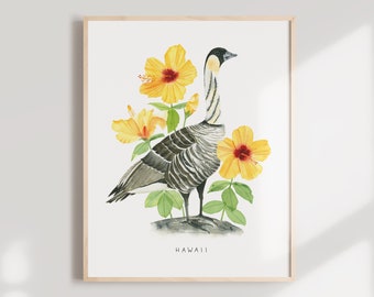 Hawaii State Bird Nene Goose Art Print | Hibiscus Flower Wall Art