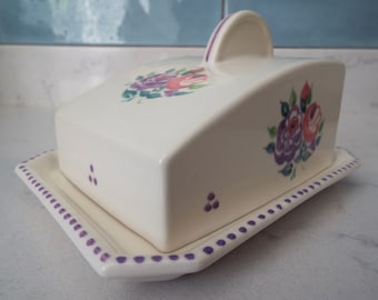 Poole Pottery Butter Dish or Cheese Dish, Hand Painted Flowers. 1940s Retro Vintage Butter Dish Perfect For The Breakfast Table Or Kitchen