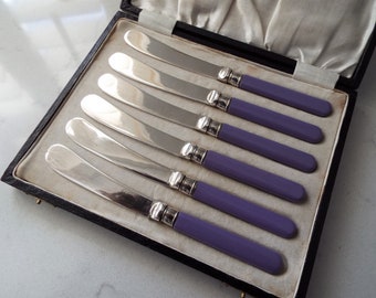 Vintage Butter Knives With Purple Lilac Plastic Handles. 1950 Boxed Set of 6 Tea Knives. English Silver Plated Knives For Vintage Tea Party