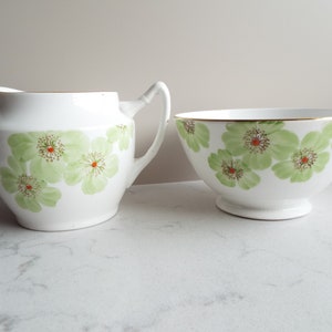 Vintage Milk Jug and Sugar Bowl With Green Flowers. 1950s Hand Painted Green And White Sugar Bowl and Creamer, For An Afternoon Tea Party