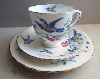 Antique Teacup And Saucer And Cake Plate With Birds And Flowers. 1912 Chelson China Tea Cup Trio. Hand Painted Teacup For Afternoon Tea