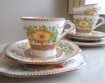 Vintage Teacup and Saucer And Cake Plate, 1930s Bell China. Hand Painted Teacup Trio and Cake Plate, Anemones or Poppies. For A Tea Party