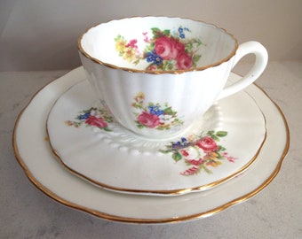 Vintage Radfords Bone China Teacup and Cake Plate. 1950s Pink Roses And Flowers Tea Cup Trio Tea Set. White Teacup For A Afternoon Tea Party
