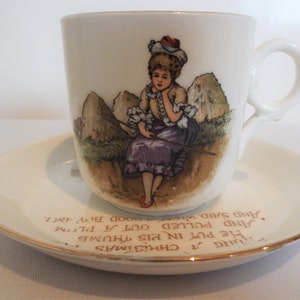 Vintage Tuscan Child's Teacup. 1910s Tuscan Nursery Rhyme Tea Cup And Saucer, With Little Bo Peep And Jack Horner. A Rare Christening Gift image 2