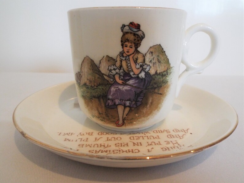 Vintage Tuscan Child's Teacup. 1910s Tuscan Nursery Rhyme Tea Cup And Saucer, With Little Bo Peep And Jack Horner. A Rare Christening Gift image 2