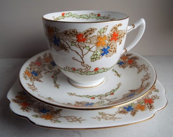 Vintage Teacup And Cake Plate. 1930s Hand Painted Vintage Tea Cup Trio, Oriental Blossom Tree Pattern. Perfect For An Afternoon Tea Party