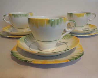 Vintage Green And Yellow Teacup Trio, Art Deco Style. 1930s Green And Yellow Tea Cup And Saucer And Cake Plate. 2 Available For A Tea Party