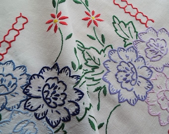Vintage Square Tablecloth With Pink And Blue Flowers. Hand Embroidered Large White Linen Tablecloth With Peonies. For A Vintage Tea Party