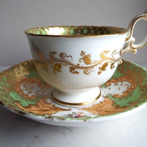 Victorian Teacup and Saucer, Green And Gold With Pink Roses And Flowers. English Antique China Tea Cup For A Vintage Afternoon Tea Party
