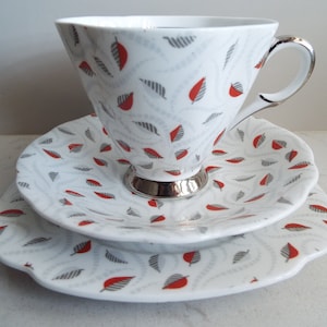 Vintage Red And Silver Teacup And Saucer, Windsor Bone China. 5 Available. Mid-Century Tea Cup Trio and Cake Plate. 1960s Retro Leaf Pattern