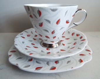 Vintage Red And Silver Teacup And Saucer, Windsor Bone China. 5 Available. Mid-Century Tea Cup Trio and Cake Plate. 1960s Retro Leaf Pattern