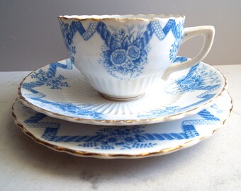 Victorian Blue And White Teacup and Saucer And Cake Plate With Flower. English Antique China Tea Cup Trio, For A Pretty Afternoon Tea Party