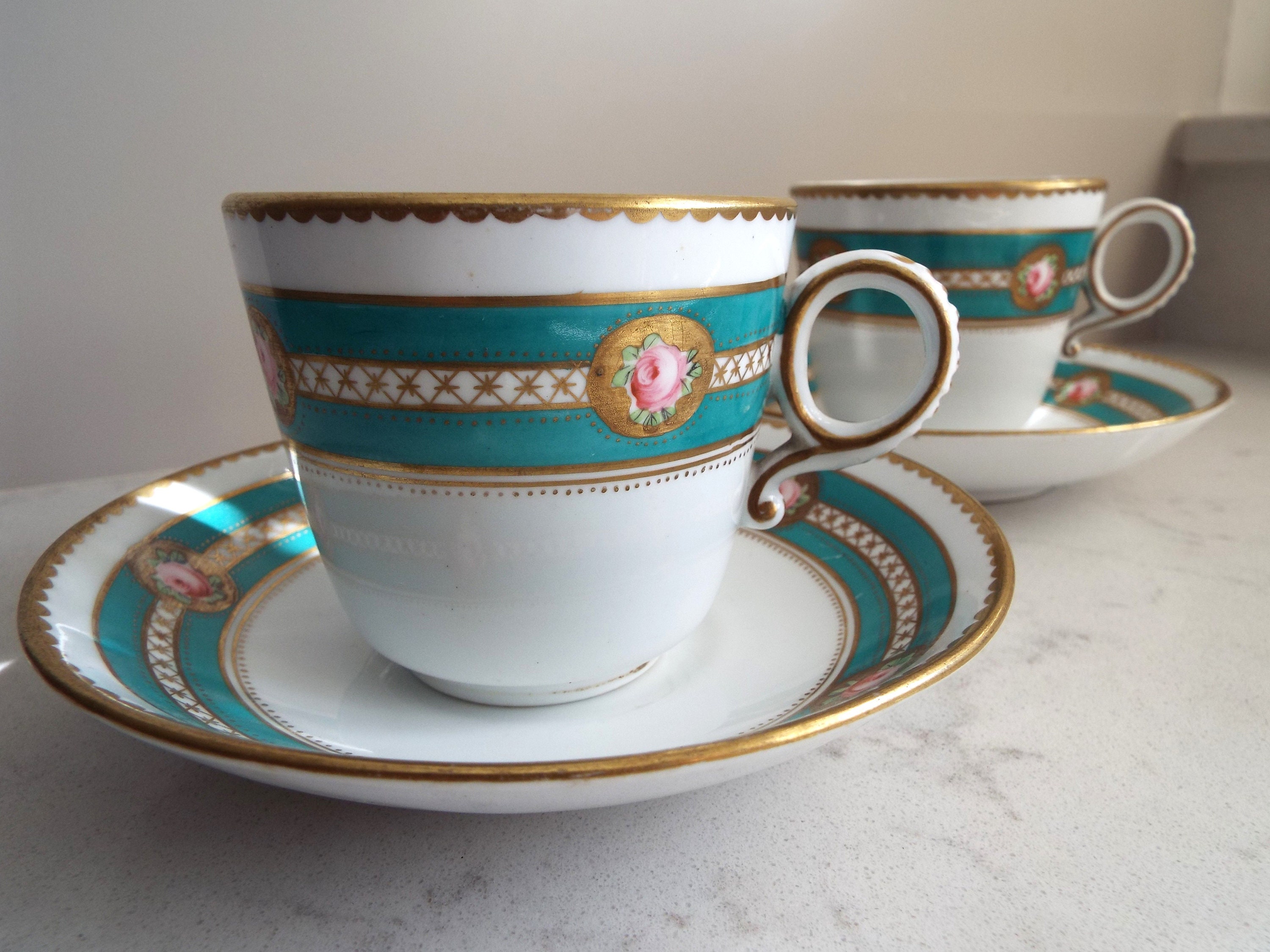 Pair Of Antique Victorian Turquoise And Pink Teacup and Saucers. Rare English China Teacups, For An Afternoon Tea Party Or Teatime For Two
