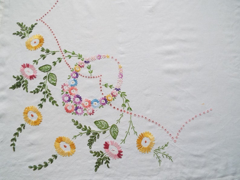 Vintage Linen Square Tablecloth. Hand Embroidered Flowers or Etsy