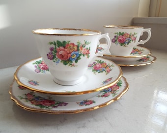 Vintage Colclough Teacup and Cake Plate. 1940s Gold And White Tea Cup Trio Tea Set With Pink Roses and Flowers. For An Afternoon Tea Party