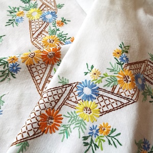 Vintage Square Tablecloth With Blue, Yellow And Orange Daisy Flowers. Hand Embroidered White Linen Tablecloth. Vintage Linen For A Tea Party
