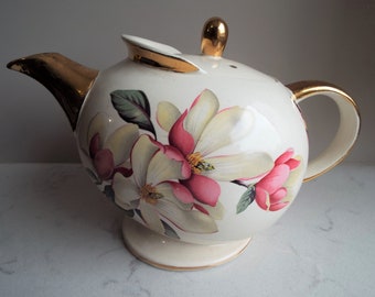 Vintage Ellgreave Magnolia Teapot. 1952 Pink And Gold Teapot Magnolia Flowers And Butterfly. Vintage Large Teapot For A Vintage Tea Party