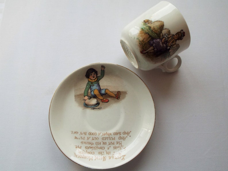 Vintage Tuscan Child's Teacup. 1910s Tuscan Nursery Rhyme Tea Cup And Saucer, With Little Bo Peep And Jack Horner. A Rare Christening Gift image 3