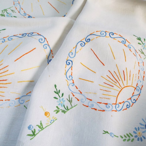 Vintage Square Tablecloth With Bright Orange Sunrise And Blue Flowers. Hand Embroidered White Linen Tablecloth. For An Afternoon Tea Party