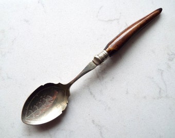 Cuillère à confiture édouardienne. Cuillère à conserves en plaqué argent anglais avec manche en bois de cervidé. Cuillère à thé vintage originale, pour un goûter