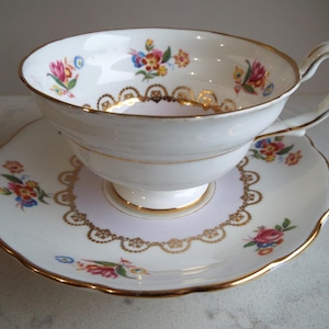 Vintage Westbrook Teacup and Saucer, Pink And Gold With Pink Roses And Flowers. English Bone China Tea Cup For A Vintage Afternoon Tea Party
